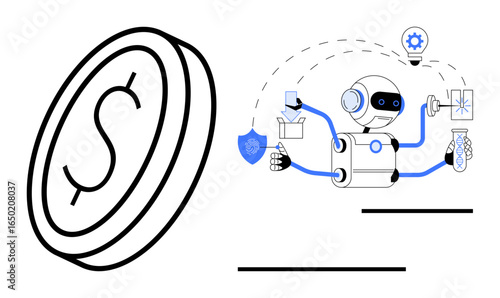 Coin with dollar sign and robot performing multitasking with tools, security shield, and light bulb. Ideal for AI, automation, finance, security, creativity, innovation robotics simple flat metaphor