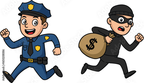 Cartoon police officer chasing thief with money bag, crime scene illustration, law enforcement, robbery in action, security concept, animated characters, police and burglar