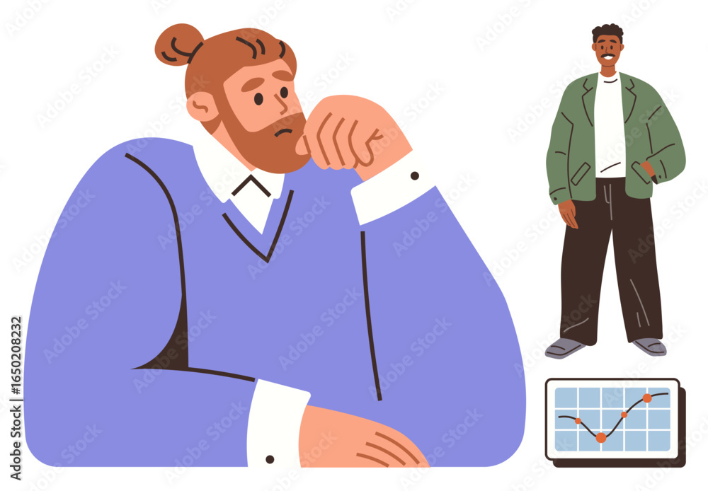 Obraz premium Seated man in contemplation, casually dressed man standing nearby, laptop presenting growth chart. Ideal for teamwork, mindset, planning, analysis, business strategy, leadership problem-solving
