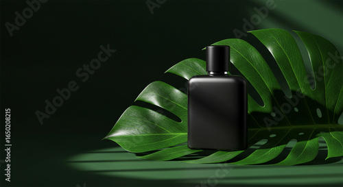 Black perfume bottle mockup on monstera leaf background product photography ad shot