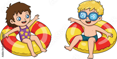 Kids in colorful swim tubes having fun, summer water play, pool float fun, happy children swimming, vacation activity, cartoon style, outdoor water adventure