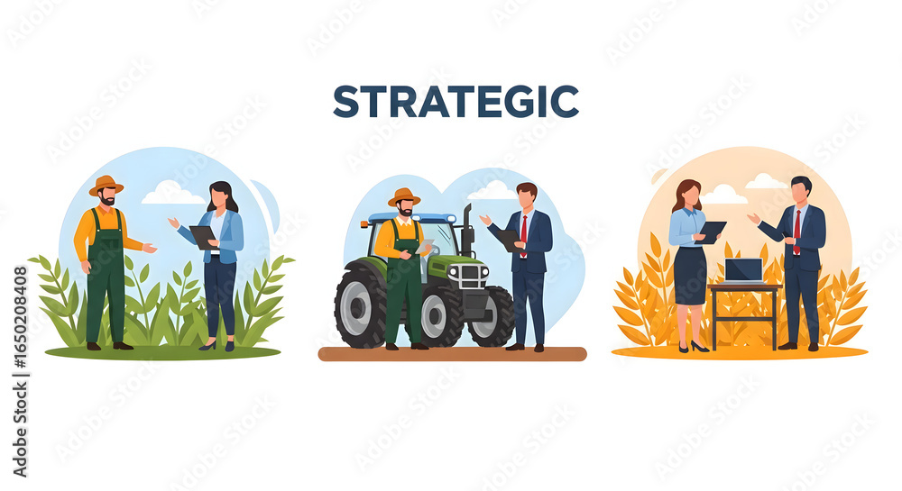 Fototapeta premium Strategic partnership in the agricultural industry. An illustrated scene of business-farmer collaboration, planning, and technological advancement.