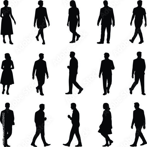 Silhouette walking people, men women vector illustration, black outline characters, modern human figures, casual movement poses, editable design, isolated group collection