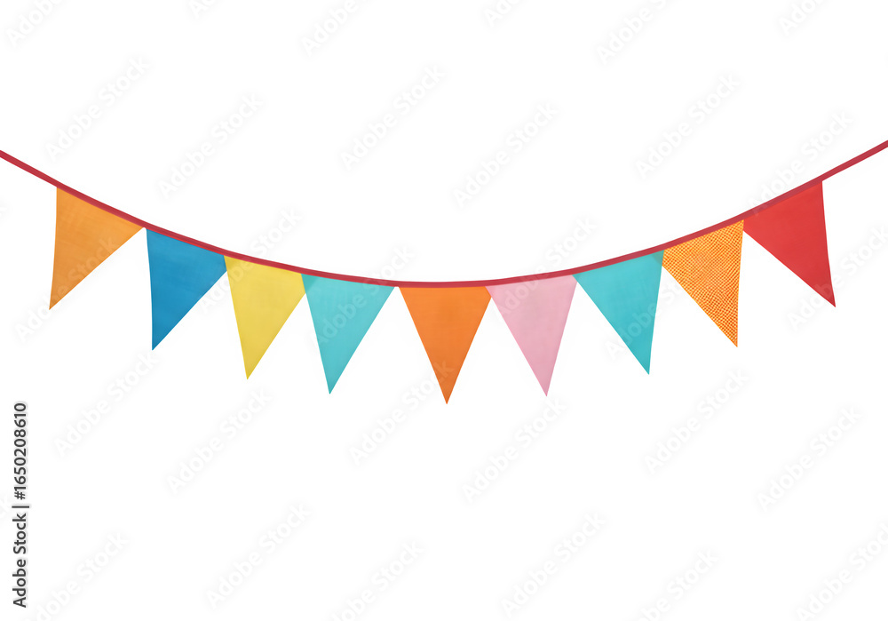 Fototapeta premium A vibrant string of triangular bunting flags in various colors is displayed against a clean transparent background, PNG format.