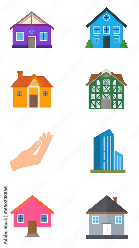 Fototapeta premium Colorful house icons and a hand