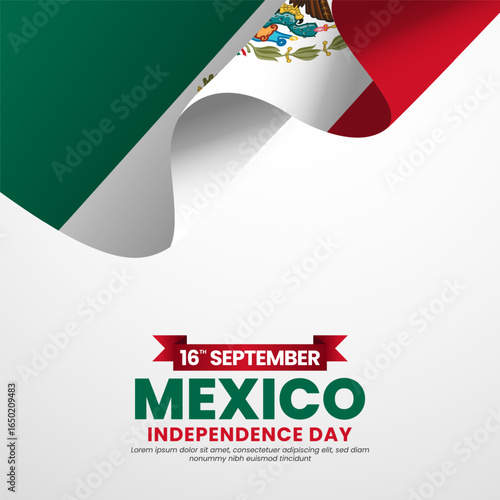 Mexico independence day greeting card, square banner background with warving ribbon flag