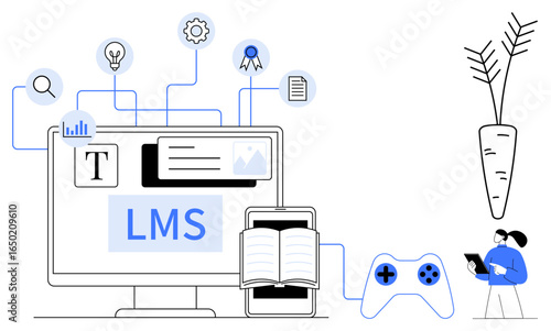 LMS dashboard with computer, book, gamification elements, and icons of ideas, data, and achievements. Ideal for e-learning, education, online training gamification knowledge sharing innovation