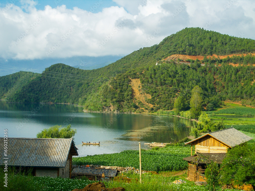 Fototapeta premium Lugu Lake Yunnan Travel And Hiking In Dazui Village Lakeside Scenery