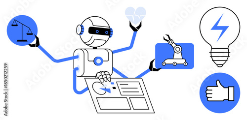 Robot managing tasks with scales, heart, robotic arm, light bulb, and thumbs-up icons. Ideal for AI, automation, robotics, innovation healthcare ethics reliability simple landing page