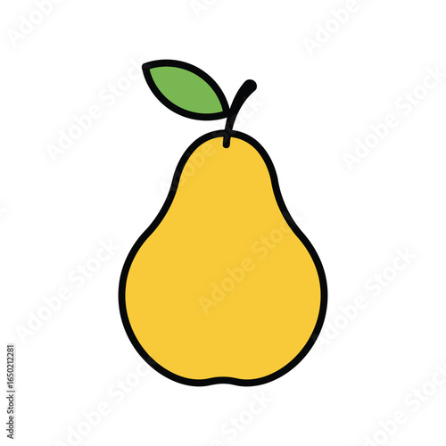 Simple yellow pear illustration with green leaf isolated vector graphic