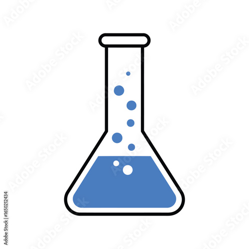 Blue liquid in erlenmeyer flask with bubbles science experiment beaker laboratory glassware chemistry research equipment
