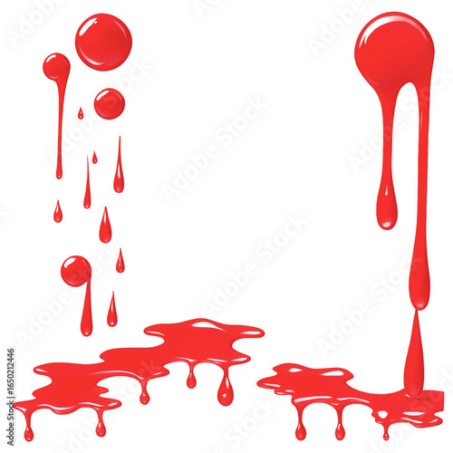 Red liquid drips and splashes graphic design element.