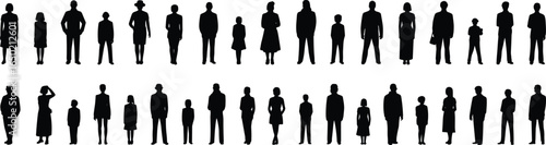 Silhouettes of people standing together, family group illustration, diverse generations vector, men women children design, human figures collection, isolated black