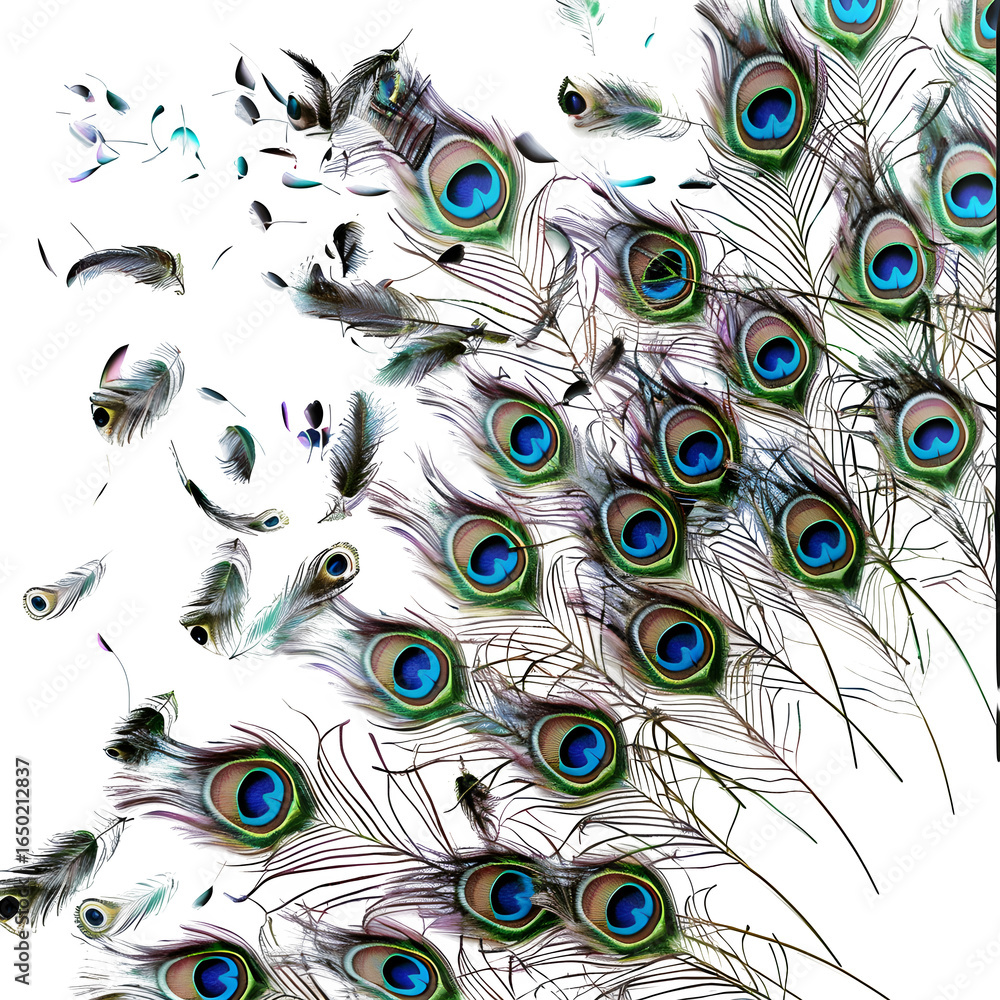 Obraz premium Vibrant peacock feathers cascade, showcasing iridescent blues and greens in a dynamic, artistic display.