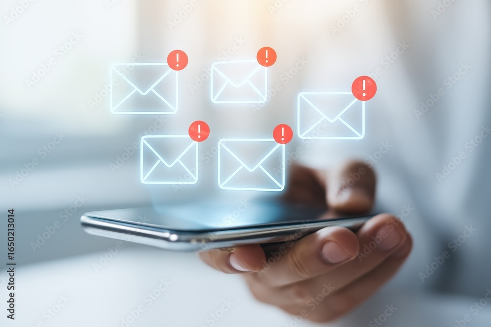 Multiple email icons with red exclamation marks appear over a smartphone.