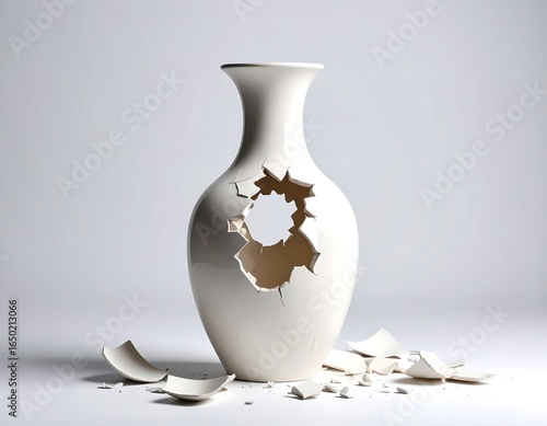 Symbolic representation of fragility in a broken ceramic vase against light backdrop