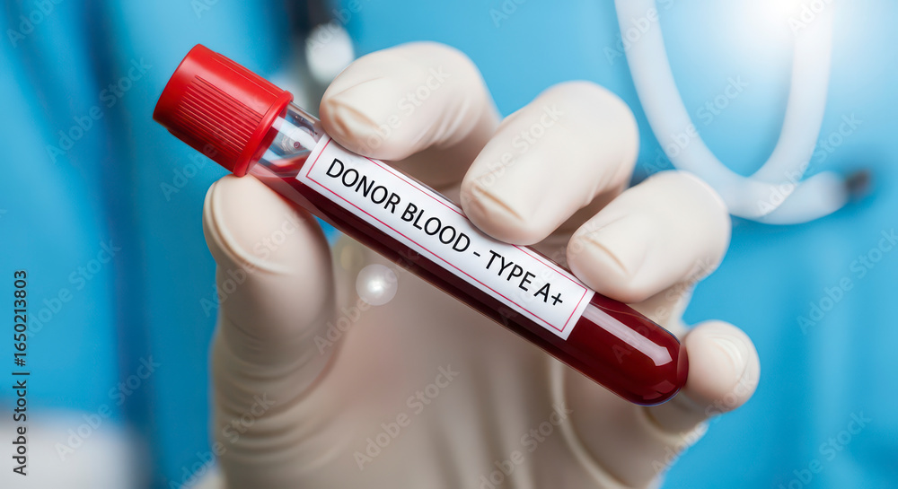 Naklejka premium Close up of medical professional holding a blood sample tube for laboratory testing and analysis