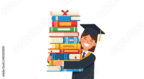 Happy graduate student proudly holding a large stack of books, celebrating academic achievement.