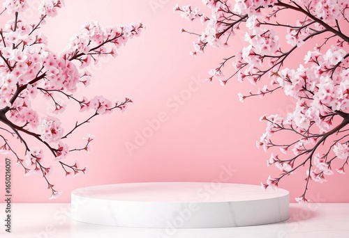 Delicate pink cherry blossoms frame elegant white marble podium on soft pink background,  floral,  backdrop
