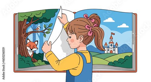 A young girl engrossed in a storybook, revealing a whimsical landscape.