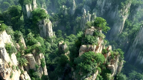 Breathtaking aerial view of the Zhangjiajie National Forest Park's majestic mountains covered in