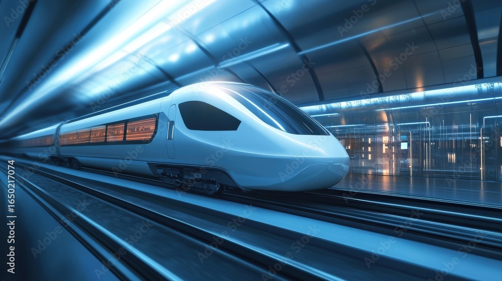 Naklejka premium Futuristic train speeding through a modern tunnel.