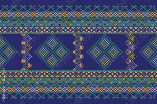 Cross stitch pattern concept showcasing traditional ethnic geometric pattern, Design for textile, background,carpet,wallpaper,clothing,wrapping,Batik,fabric,Vector illustration	
