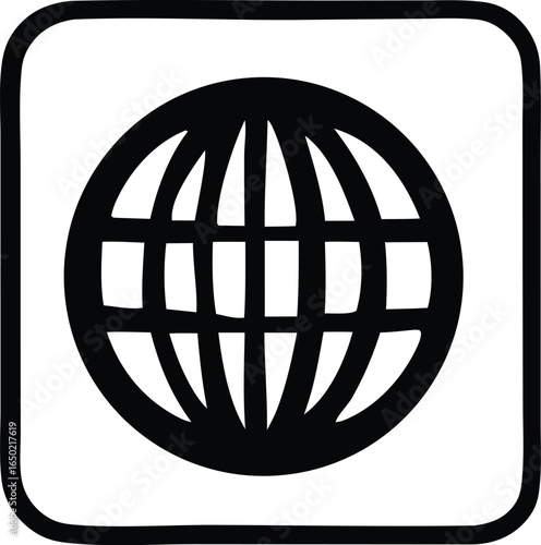 Simple black and white globe icon representing global connectivity and worldwide information access within a rounded square border