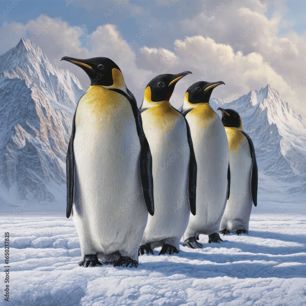 Obraz premium A line of emperor penguins marches across the snowy plains of antarctica, their black and white plumage contrasting against the icy landscape and cloudy sky