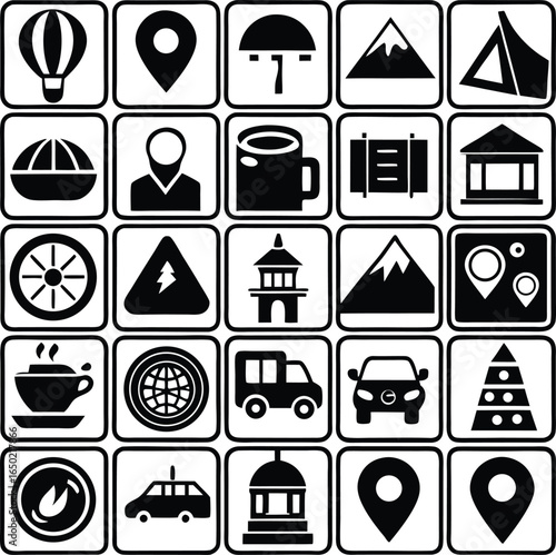Collection of travel and leisure icons representing destinations activities and transportation options for global exploration