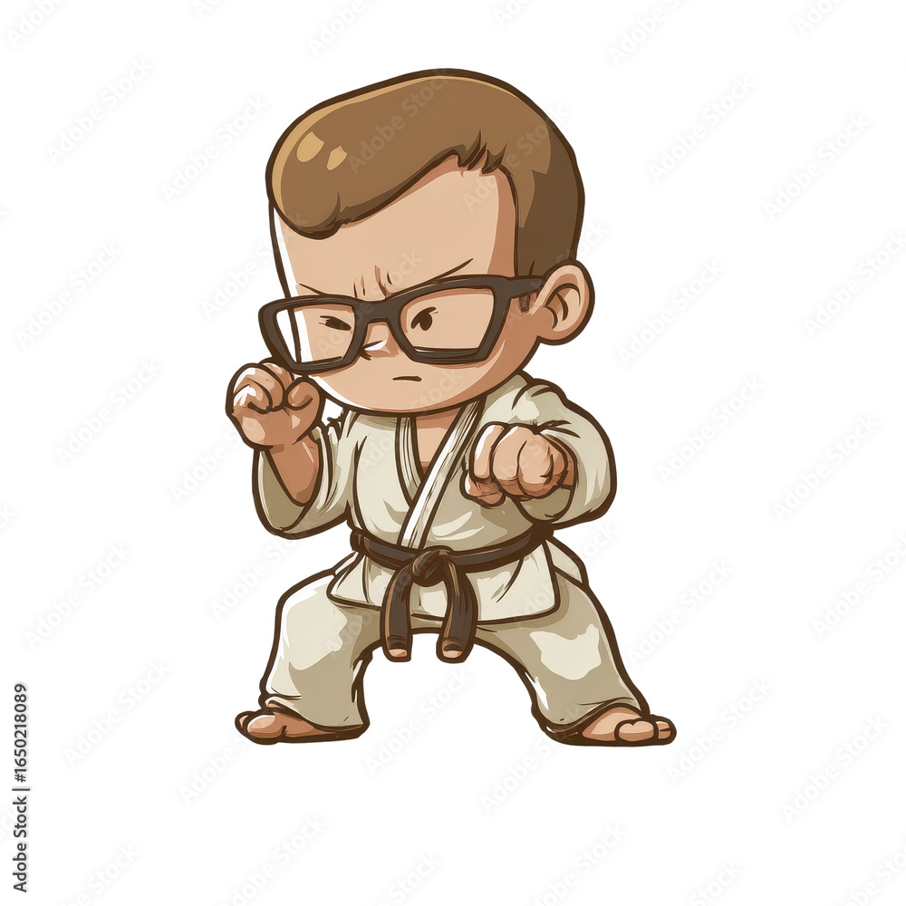 Obraz premium Chibi style boy in karate uniform with brown belt and glasses in a fighting stance
