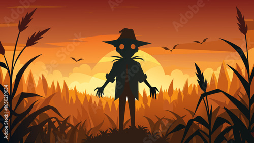 A shadowy scarecrow stands silhouetted in a field of tall grass or corn stalks against a vibrant orange and yellow sunset sky with flying birds.