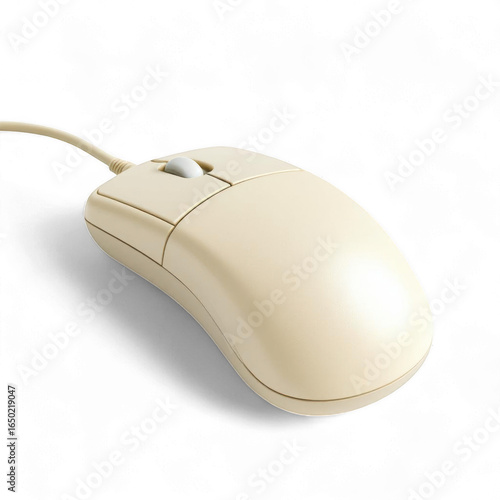 A close up shot of an old beige computer mouse with a cable on a plain black background studio shot