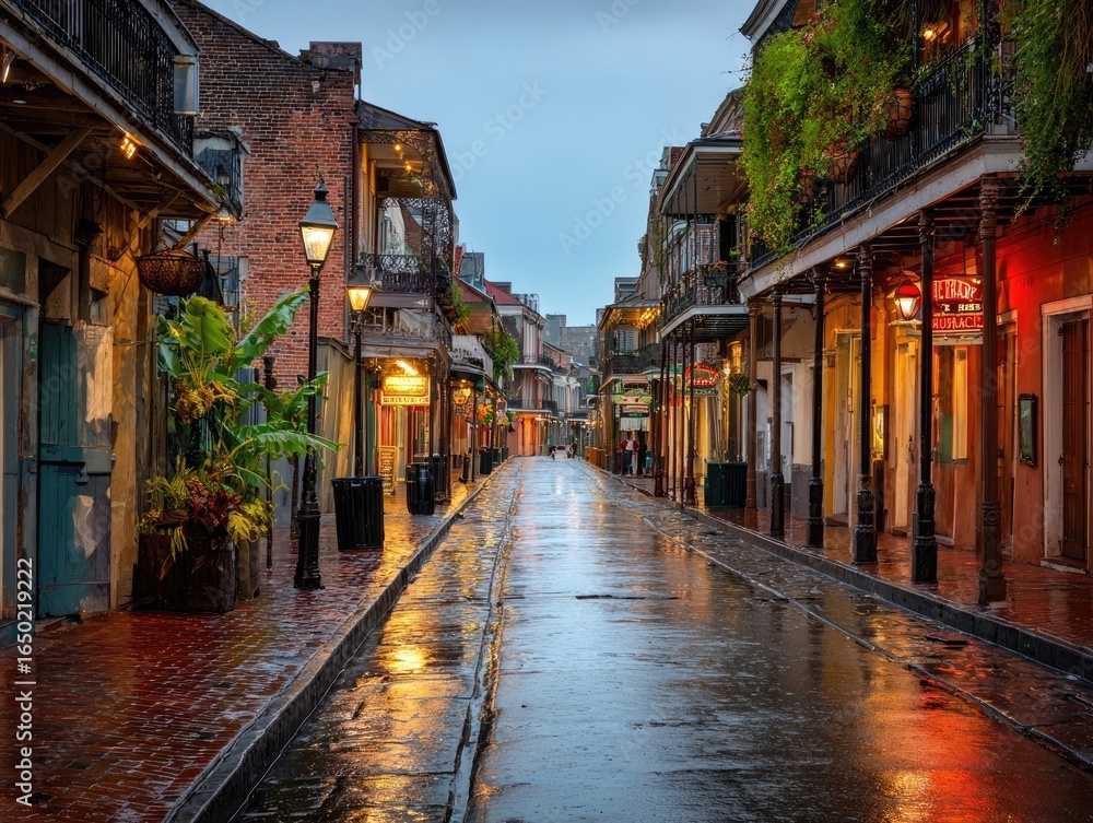 Fototapeta premium Rainy street in the French Quarter, early morning