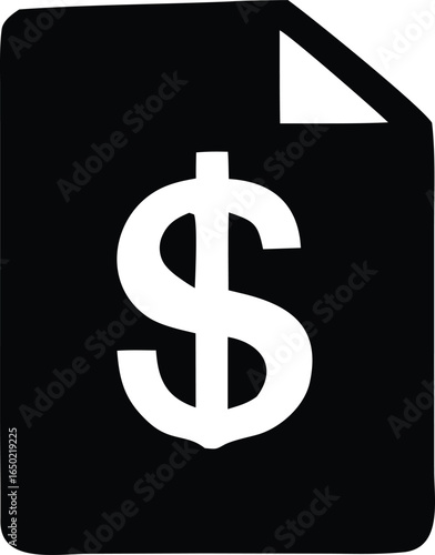 Simple black and white icon of a document with a prominent white dollar sign symbolizing finance and money