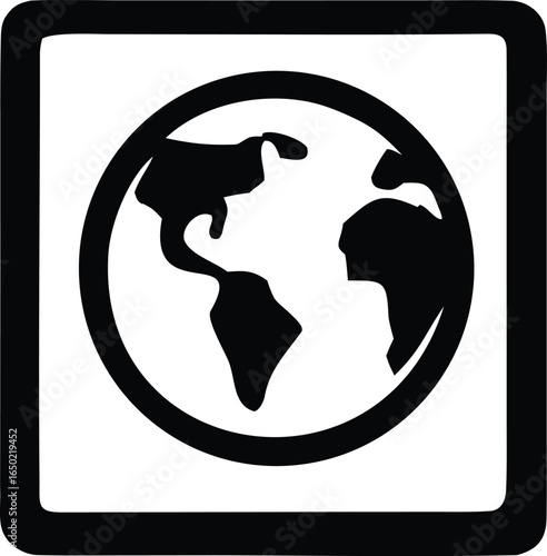 Simple black and white icon of planet earth with continents clearly visible within a square border