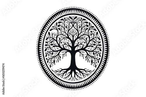 Black and white vector illustration of a symbolic Tree of Life in an ornate circular frame