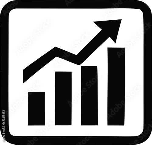 A black and white icon depicting a rising bar graph with an upward trending arrow symbolizing growth and positive performance
