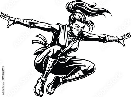 Dynamic illustration of a female ninja in a powerful mid-jump pose with a confident expression. Ideal for gaming, martial arts, and urban fantasy designs.