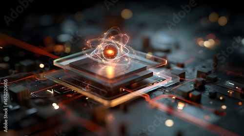 Futuristic quantum computer core, glowing processor, digital data visualization, future computing technology, quantum particles, holographic AI brain, futuristic science background, global innovation,
