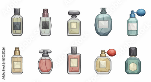 Collection of ten perfume bottles in various shapes, colors, and styles, displayed against a white background.