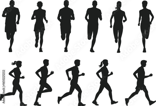 Running silhouette, jogger man and woman, fitness exercise, marathon training, outdoor workout, healthy lifestyle, vector illustration for sports 