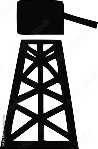 Silhouette of a vintage oil derrick with a long pipe extending from the top symbolizing the energy industry and resource extraction