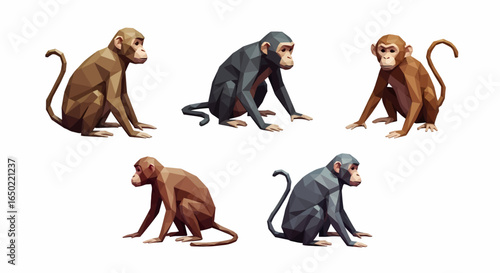 Five stylized monkeys of varying colors sit or crouch on a white background, each with a unique pose and expression.
