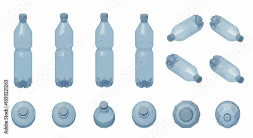 Isometric views of several light blue plastic water bottles and caps.