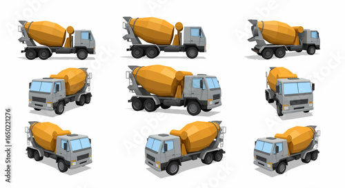 Nine low-poly 3D renderings of cement mixer trucks, various angles.
