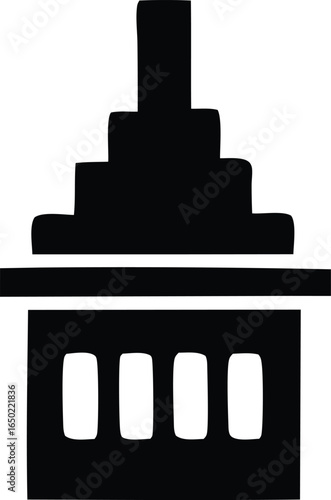 Stylized black and white silhouette of a monumental building with tiered upper section and arched lower facade
