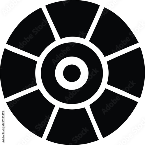 Abstract circular geometric design with concentric rings and radial spokes in bold black and white