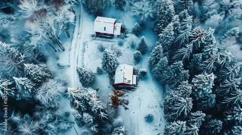 Aerial view of snow covered trees and two houses with red accents in a winter landscape scene