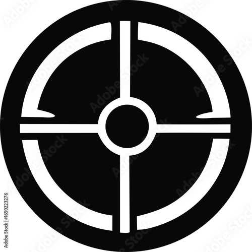 A stark black and white graphic depicts a circular target reticle with a central bullseye and intersecting crosshairs